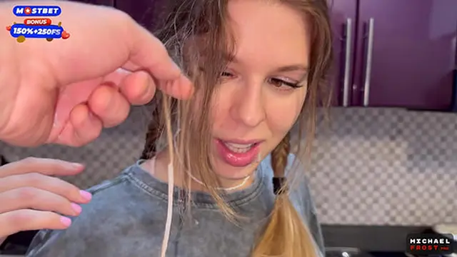 Flatmate girl enjoys kitchen sessions &mdash;  takes cum in mouth &mdash;  pigtails on display