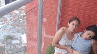 passionate kisses and touching my girlfriend's pussy on the balcony