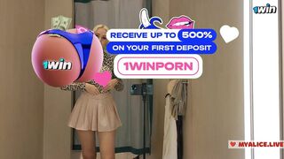 Naked blonde Try on haul transparent clothes in a mall fitting room
