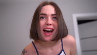 Girl in sneakers with a big juicy ass sucking insatiably and then riding on cock