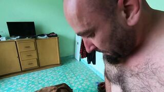 Rough rodeo-style facial with cum-covered lips