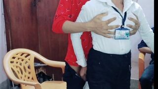 Pretty waitress pleases both bosses together